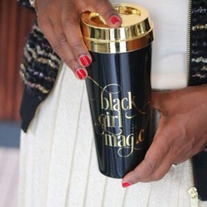 Effie's Paper Stationary + Whatnot Black Girl Magic Gold Lid Travel Mug - Lifestyle Picture