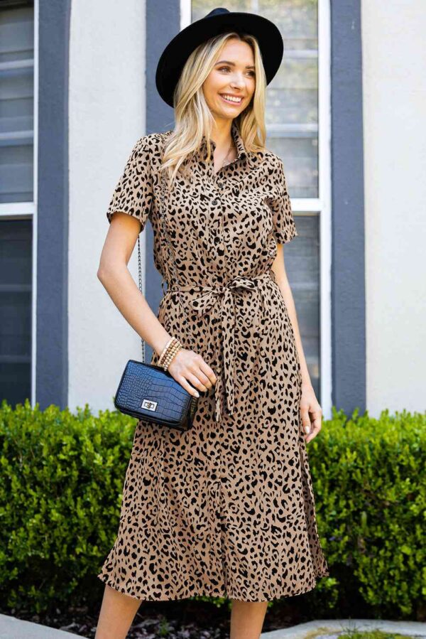 Animal Print Short Sleeve Belted Dress